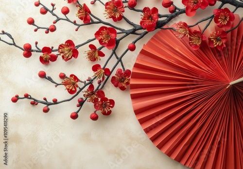 Colorful cherry blossom branch and decorative fan on a soft beige background ...