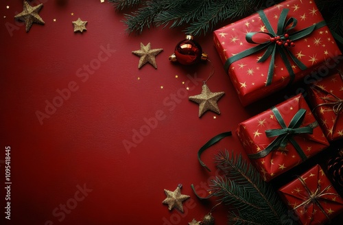 Festive holiday decorations with wrapped gifts, pine cones, and green foliage...
