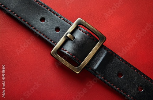 A close-up view of a black leather belt with a brass buckle on a red textured...