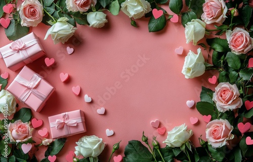 White roses, pink hearts, and gift boxes on a pastel backdrop for a celebration