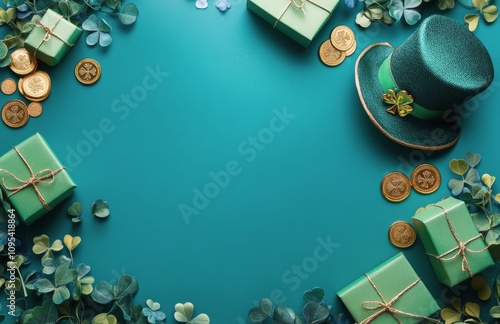 Decorative green gifts and a festive hat arranged for a St. Patricks Day cele...