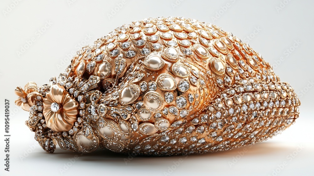 A seashell elaborately covered in gold and clear crystals.
A seashell elaborately covered in gold and clear crystals.