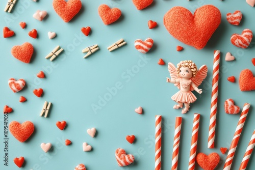 Colorful Valentines Day decorations featuring hearts and an angel on a blue b...