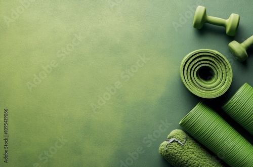Green yoga mats and a dumbbell arranged neatly on a vibrant green background ...