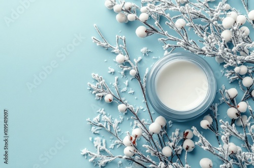 Decorative winter scene featuring snowflakes and a candle on a light blue bac...