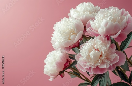 Beautiful arrangement of pink and white peonies on a soft pink background in ...
