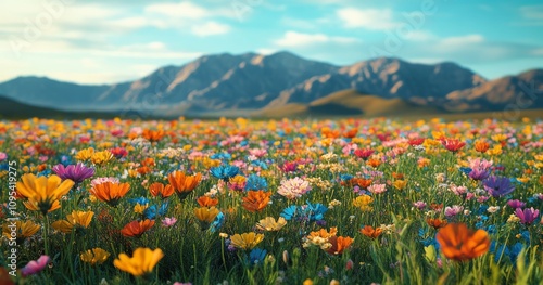 Colorful wildflower meadow blooming under a bright sky with distant mountains...