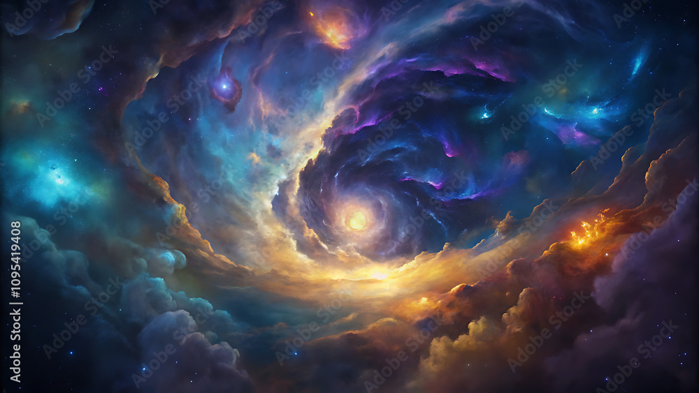 An abstract nebula with swirling clouds of purple, blue, and gold, evoking the mystique of deep space. An abstract nebula with swirling clouds of purple, blue, and gold, evoking the mystique of deep space.