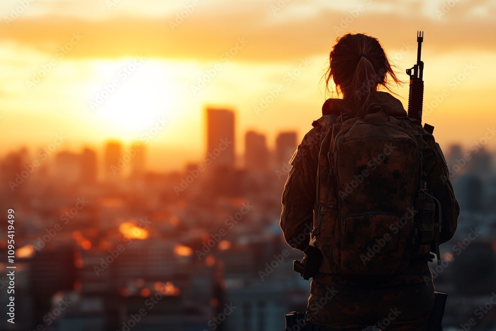 Fototapeta premium A silhouette of a soldier with a rifle and backpack, viewed from behind, stands on a rooftop overlooking a city skyline during a dramatic and colorful sunset.