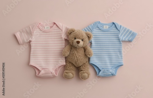 Cute striped baby onesies paired with a soft bear on a pink background
