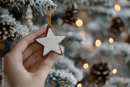Delicately placing a star ornament on a snow-covered Christmas tree in warm h...
