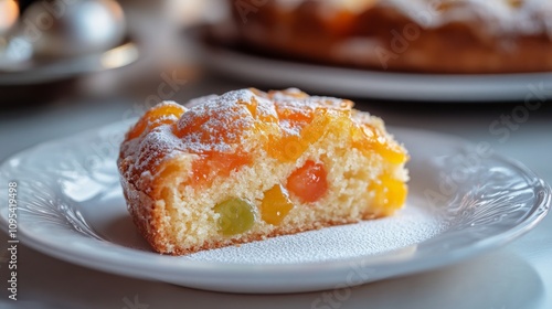 Fruity Delight Cake, a moist cake infused with vibrant candied fruits, garnished with a dusting of powdered sugar, showcasing a slice on an elegant plate.