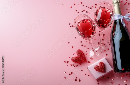 Elegant rose wine setup for a romantic celebration with gifts and heart decor...