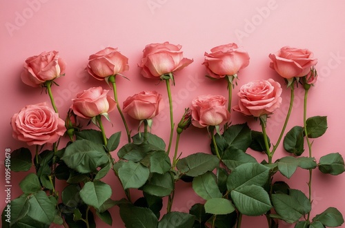 Fresh pink roses arranged gracefully against a soft pink backdrop during a sp...