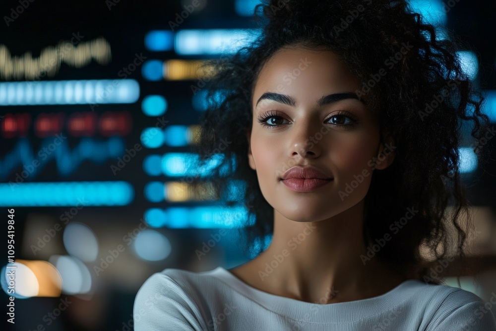 Obraz premium Portrait of a confident executive standing before digital stock data displays, conveying a sense of leadership and expertise in the financial technology sector.