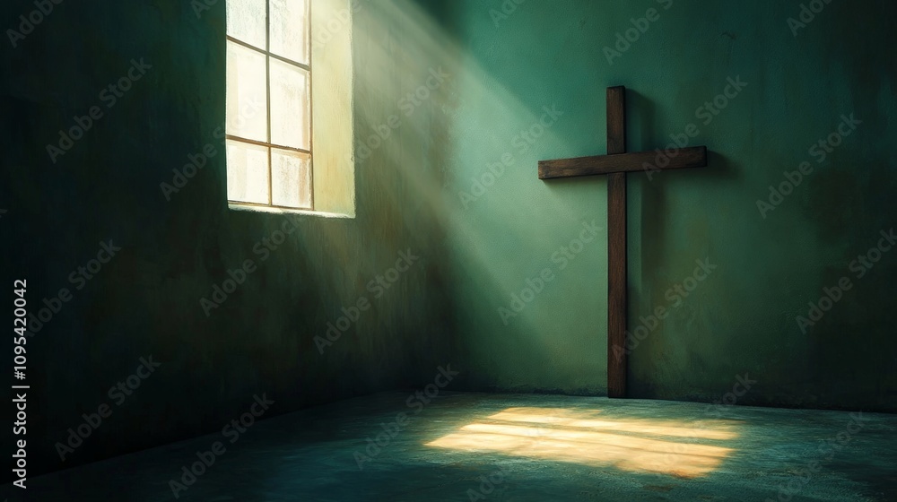 Naklejka premium Sunlight streams through a dusty window onto a solitary wooden cross, illuminating the serene, green-toned walls of a quiet, reflective space.