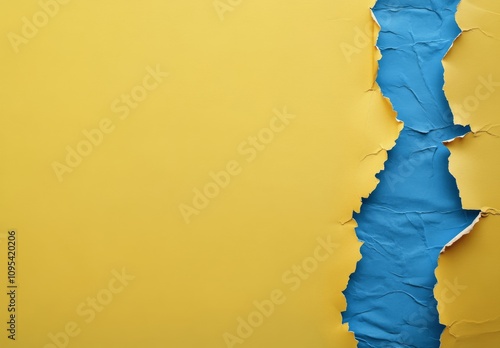 Colorful torn paper revealing a vibrant blue section against a bright yellow ...