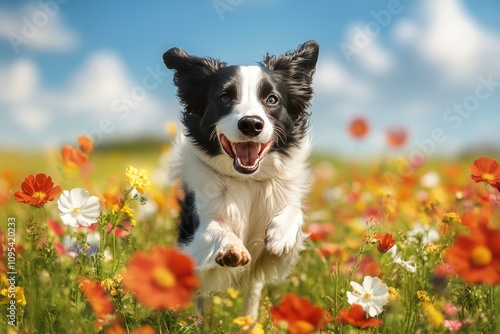 A playful dog jumps joyfully through a vibrant flower field on a sunny day