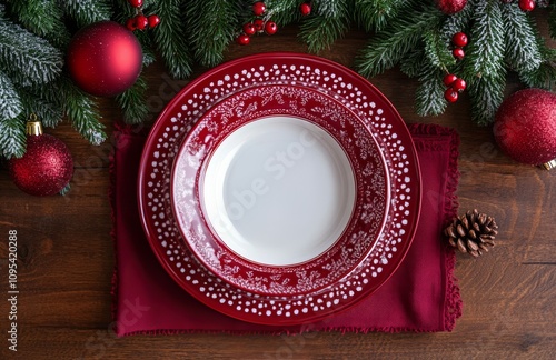 Elegant holiday dining setup featuring red dishes and festive decorations on ...