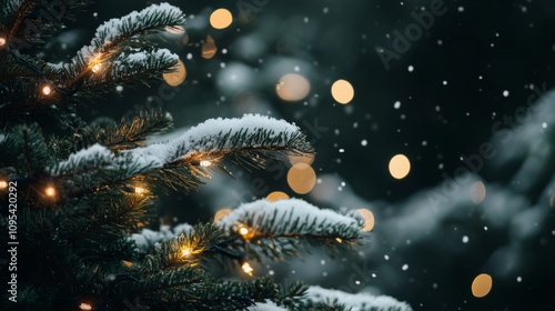 Christmas scene with copy space. Snow-covered Branch of a Christmas tree in a winter forest. Beautiful winter landscape with a Christmas tree. Snowfall. Copy space. Place for text.