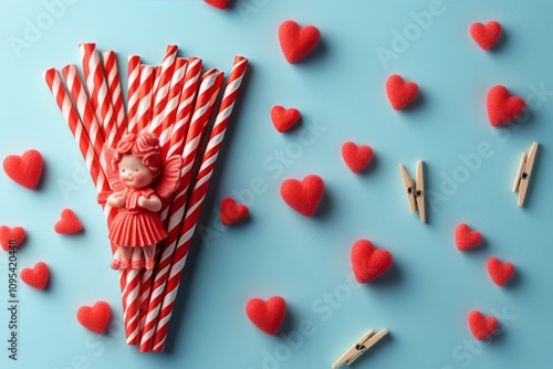 Colorful Valentines Day decorations featuring hearts and an angel on a blue b...
