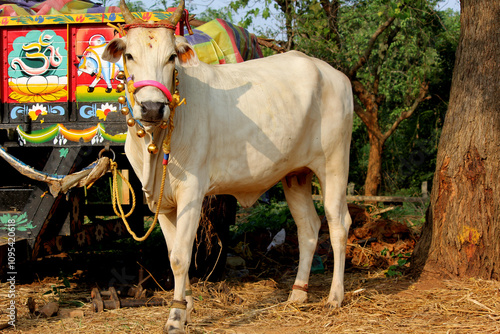 Happy Pongal religious traditional festival of south Indian cow with traditional decoration	