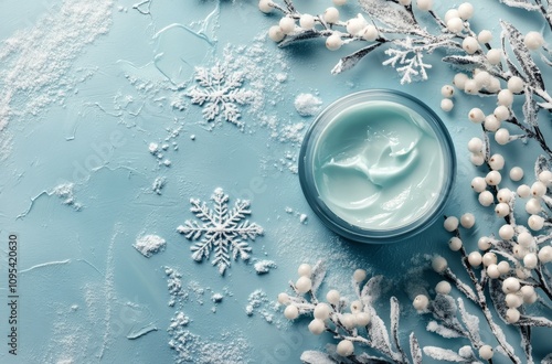 Decorative winter scene featuring snowflakes and a candle on a light blue bac...