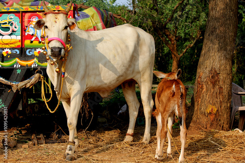 Happy Pongal religious traditional festival of south Indian cow with traditional decoration	