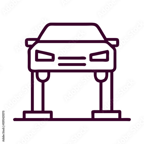 A car is being lifted up by a lift. The car is purple. The lift is black