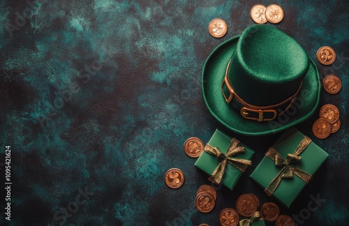 Decorative green gifts and a festive hat arranged for a St. Patricks Day cele...
