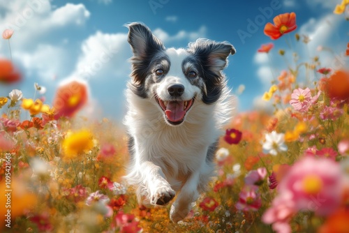 A playful dog jumps joyfully through a vibrant flower field on a sunny day