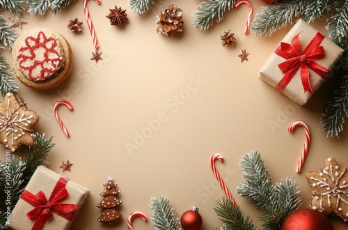 Festive holiday decorations with gifts, cookies, and candy canes arranged on ...
