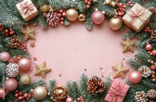 Festive holiday decorations with pink and gold ornaments surrounding colorful...