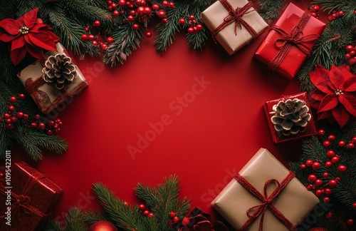 Festive Christmas gift arrangement with seasonal decorations on a rich red ba...