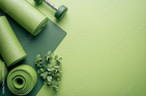 Green yoga mats and a dumbbell arranged neatly on a vibrant green background ...