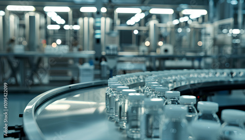 modern conveyor production line with a large number of translucent plastic liter bottles filled with white milk inside and with a white lid, bottles are moving along the conveyor