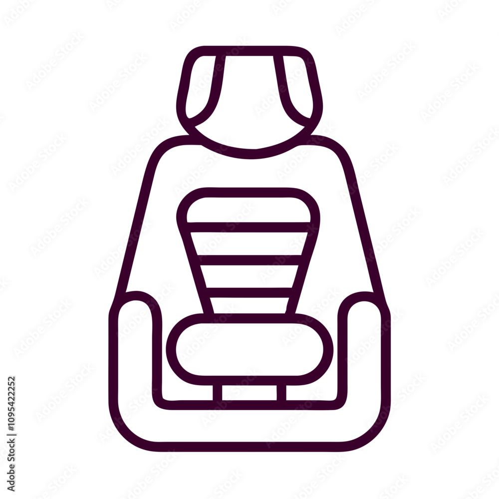 A purple chair with a striped cushion and a dog on the back. The chair is designed to look like a car seat A purple chair with a striped cushion and a dog on the back. The chair is designed to look like a car seat