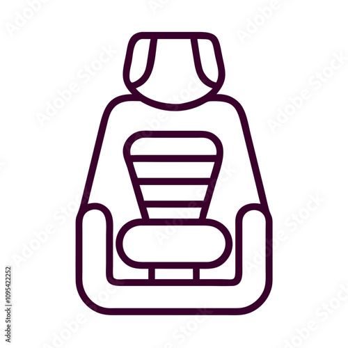 A purple chair with a striped cushion and a dog on the back. The chair is designed to look like a car seat