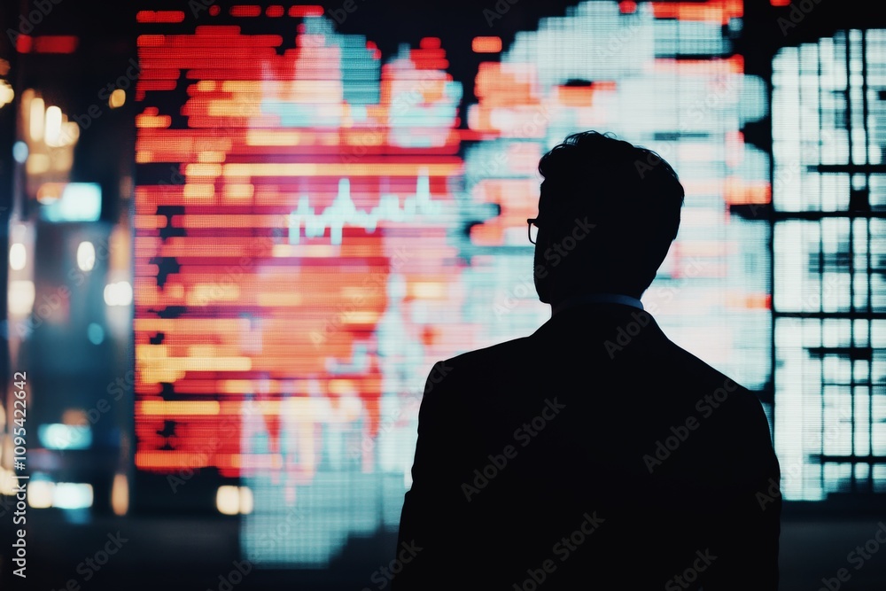 silhouette of businessman analyzing digital stock charts on large screen, financial market trends, and data visualization for investment strategy silhouette of businessman analyzing digital stock charts on large screen, financial market trends, and data visualization for investment strategy