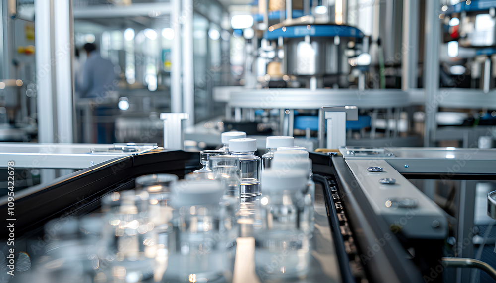 modern conveyor production line with a large number of translucent plastic liter bottles filled with white milk inside and with a white lid, bottles are moving along the conveyor modern conveyor production line with a large number of translucent plastic liter bottles filled with white milk inside and with a white lid, bottles are moving along the conveyor