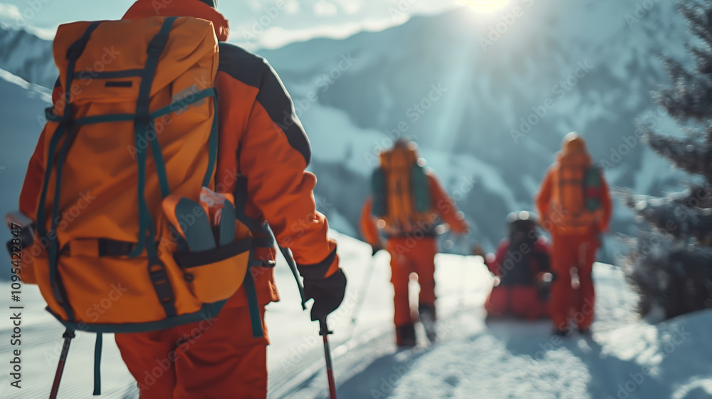 custom made wallpaper toronto digitalAccident in the mountains. A group of mountain rescuers in the snowy mountain landscape. Mountain search and rescue team and man on a toboggan or emergency rescue sled.