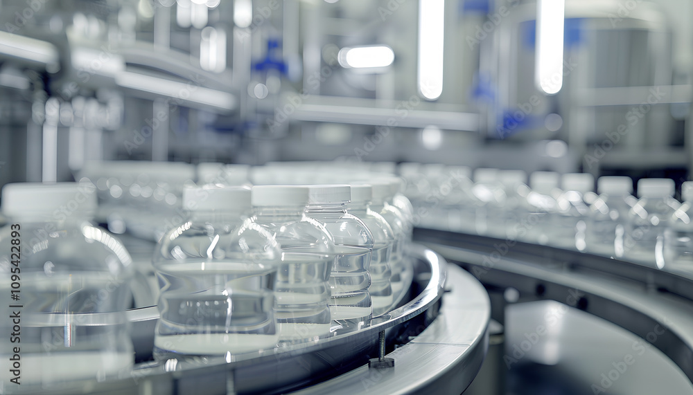 modern conveyor production line with a large number of translucent plastic liter bottles filled with white milk inside and with a white lid, bottles are moving along the conveyor modern conveyor production line with a large number of translucent plastic liter bottles filled with white milk inside and with a white lid, bottles are moving along the conveyor