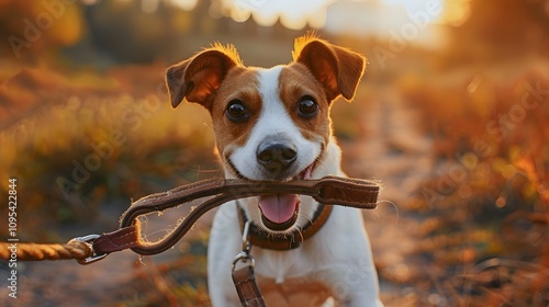 Happy dog with tongue out chewing on leather leash in a field at sunset.