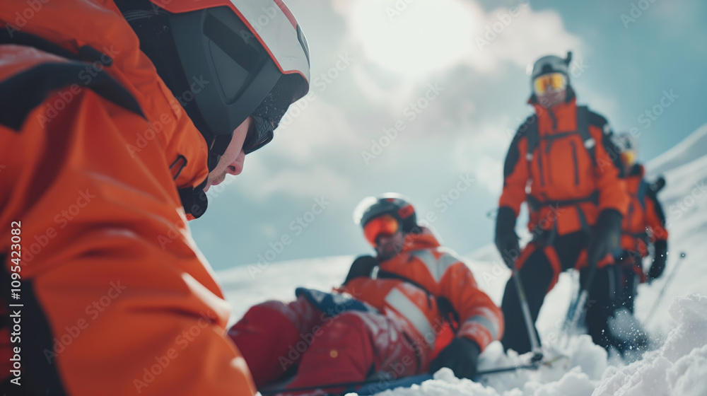 Accident in the mountains. A group of mountain rescuers in the snowy mountain landscape. Mountain search and rescue team and man on a toboggan or emergency rescue sled. Accident in the mountains. A group of mountain rescuers in the snowy mountain landscape. Mountain search and rescue team and man on a toboggan or emergency rescue sled.