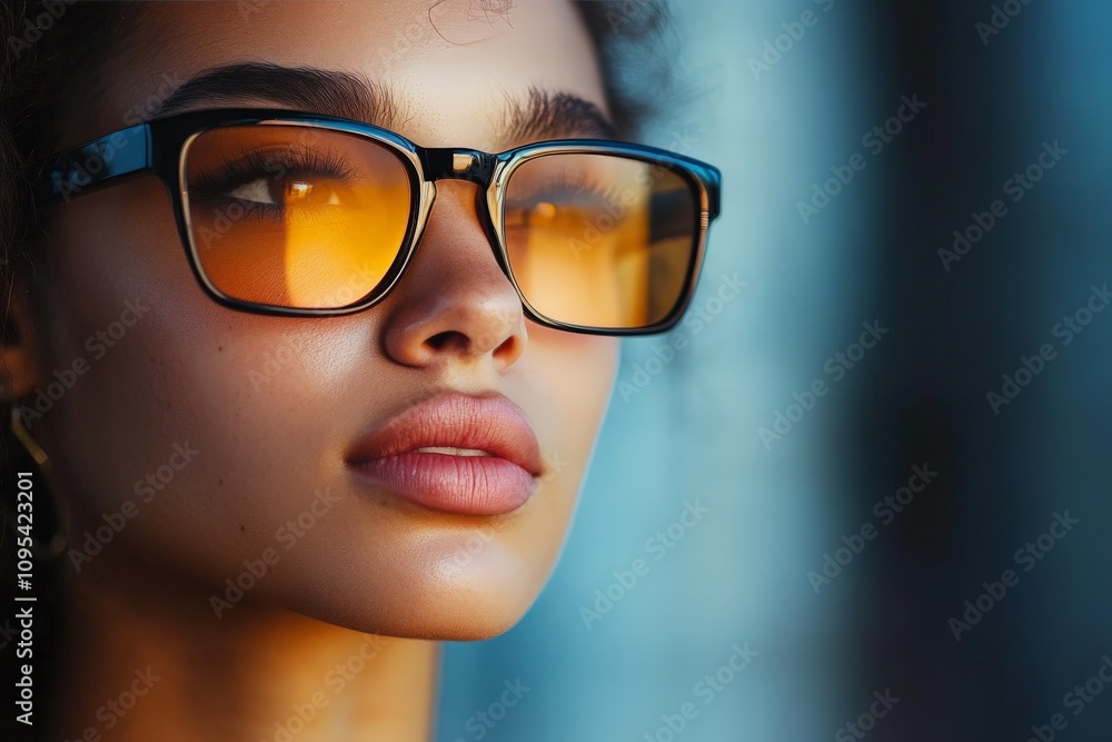 Portrait of a woman wearing orange glasses in soft lighting, showcasing a tranquil and thoughtful expression, with attention to light and shadow details. Portrait of a woman wearing orange glasses in soft lighting, showcasing a tranquil and thoughtful expression, with attention to light and shadow details.