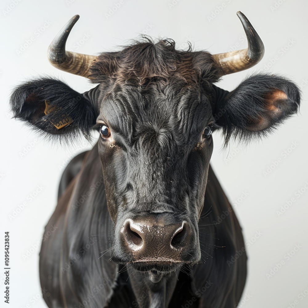Naklejka premium Cow Cow Cow Black Cow With Long Big Horn Closeup On White Background