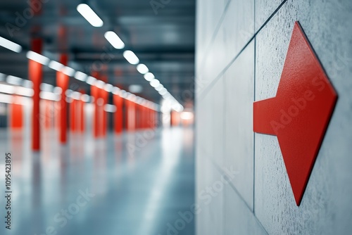 A striking red arrow directs the viewer's gaze down a minimalist, futuristic empty corridor, presenting themes of direction, purpose, and forward movement. photo