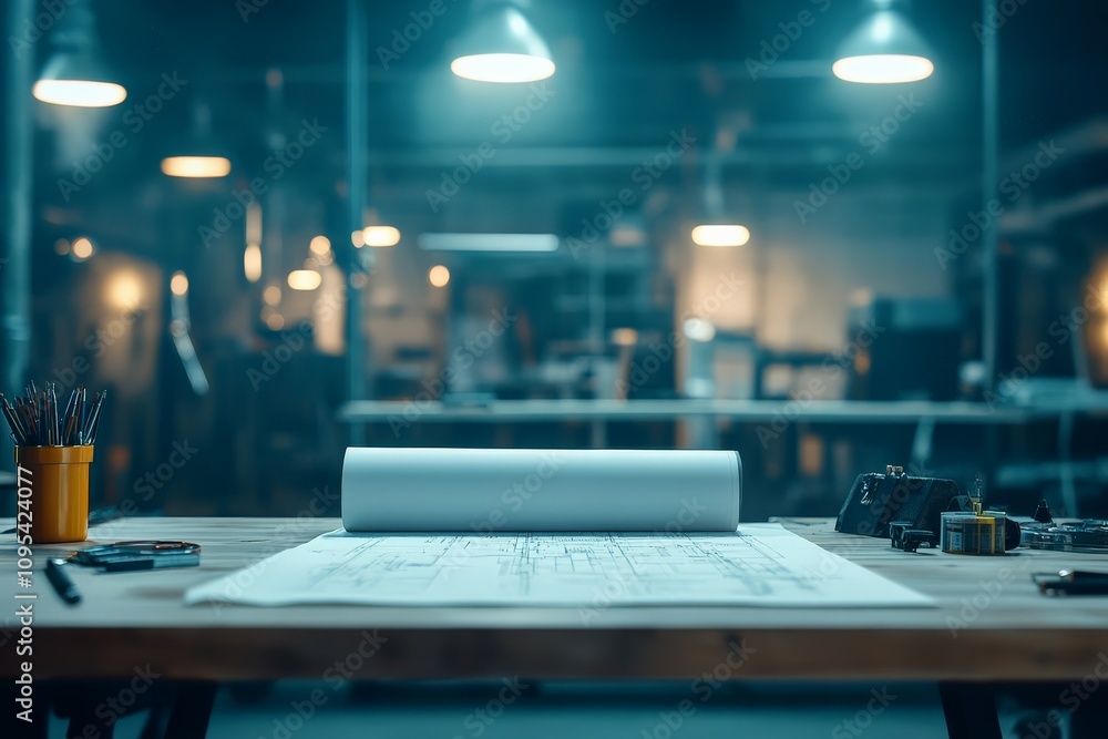 A well-organized architect’s desk, featuring detailed blueprints and drawing tools, sits illuminated by soft, professional lighting within a modern workspace. A well-organized architect’s desk, featuring detailed blueprints and drawing tools, sits illuminated by soft, professional lighting within a modern workspace.