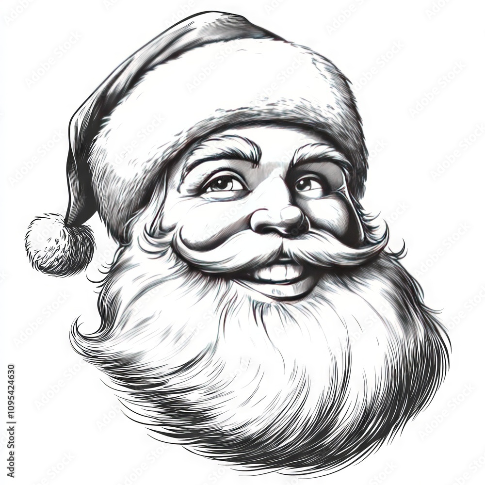 Fototapeta premium vector comic style sketch of Santa Claus happy face, rough black outlines on white background 