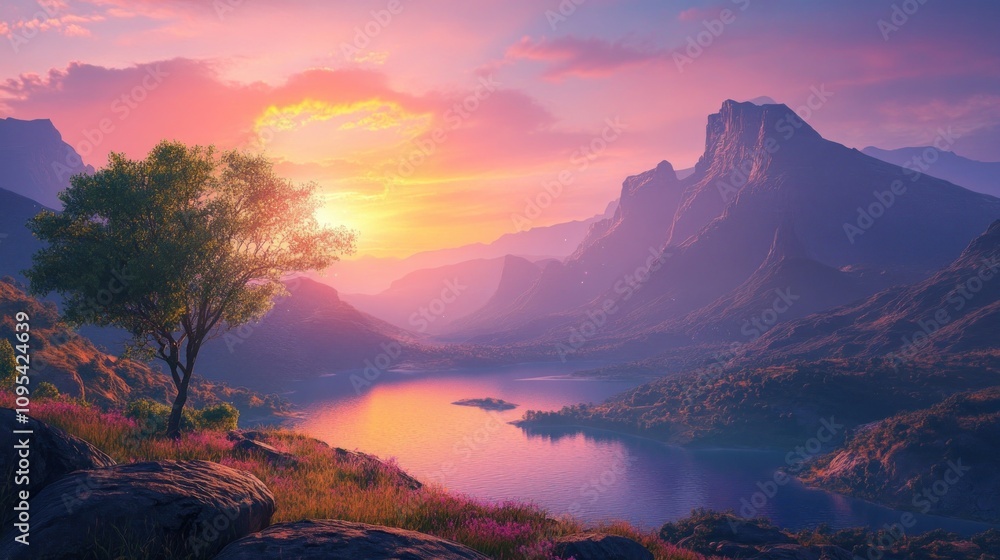 Fototapeta premium Serene Sunset Landscape: A Solitary Tree by a Mountain Lake